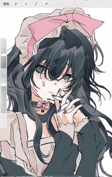 Rule 34 | 1girl, 3:, art program in frame, black choker, black hair, black sleeves, blush, bow, bow choker, choker, closed mouth, crying, crying with eyes open, degrees of lewdity, freesia quan, green eyes, hair between eyes, head tilt, headdress, heart, heart in eye, interlocked fingers, kylar (degrees of lewdity), kylar (female) (degrees of lewdity), long hair, long sleeves, looking to the side, pink bow, procreate (medium), procreate (software), screencap, shirt, sidelocks, sleeves past wrists, solo, symbol in eye, tears, wavy hair, white headdress, white shirt