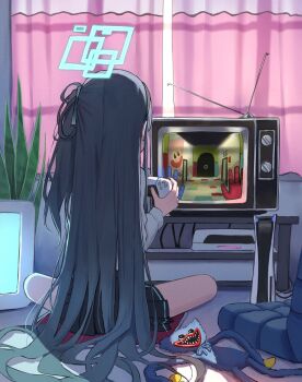Rule 34 | 1girl, aris (blue archive), black hair, black ribbon, black skirt, blue archive, blue halo, character doll, controller, crt, curtains, dial television, doll, facing ahead, facing away, floor, from behind, game console, game controller, hair ribbon, halo, highres, holding, holding controller, holding game controller, huggy wuggy, indoors, kissy missy, long hair, long sleeves, on floor, plant, playing games, playing video games, playstation 5, playstation controller, pleated skirt, poppy playtime, rabbit ears antenna, ribbon, shirt, sitting, skirt, solo, superpig, very long hair, white shirt, window
