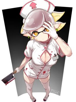 1girl alternate_breast_size_(larger) alternate_costume blonde_hair blood blood_on_clothes blood_on_face breasts cleavage cleavage_cutout cleaver closed_mouth clothing_cutout commentary_request cross-shaped_pupils dress earrings expressionless full_body gloves grey_hair halloween_costume hand_over_eye hat highres holding holding_cleaver inkling jewelry large_breasts long_pointy_ears looking_at_viewer marie_(splatoon) mole mole_under_eye multicolored_hair name_tag nintendo nurse nurse_cap orange_eyes pointy_ears shoes short_hair short_sleeves solo splatoon_(series) symbol-shaped_pupils t2ukmyjm tentacle_hair thighhighs two-tone_hair uwabaki white_dress white_gloves white_hat white_shoes white_thighhighs