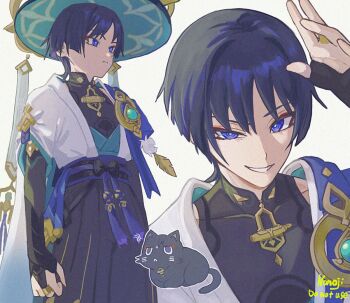 1boy animalization aqua_gem armor arms_at_sides artist_name black_bodysuit black_bow black_bridal_gauntlets black_cat black_hair black_shorts blue_cape blue_hat blue_jingasa blue_kimono blue_sleeves blunt_ends bodysuit bow bridal_gauntlets bright_pupils cape cat closed_mouth commentary_request covered_collarbone eyeliner feathers gem genshin_impact gold hand_up hat japanese_armor japanese_clothes jingasa juban kimono kote kurokote layered_sleeves looking_at_viewer looking_to_the_side makeup male_focus mandarin_collar multicolored_hair multiple_views nonoji_(nonoji_ekaki) open_clothes open_hand open_kimono parted_lips person_and_animalization pom_pom_(clothes) purple_eyes purple_hair purple_rope purple_sash red_eyeliner rope sash scaramouche_(cat)_(genshin_impact) scaramouche_(genshin_impact) short_sleeves shorts shoulder_peek smirk solo streaked_hair tassel tsurime uneven_eyes vision_(genshin_impact) wanderer_(genshin_impact) white_background white_kimono white_mouth white_pupils white_sleeves yellow_feathers