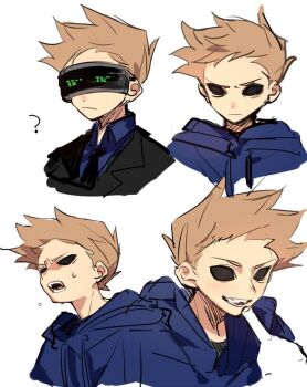 2boys ? animification black_necktie black_vest blue_hoodie blue_shirt brown_hair collared_shirt cropped_shoulders drawstring dual_persona eddsworld future_tom_(eddsworld) head-mounted_display hollow_eyes hood hood_down hoodie lcd male_focus multiple_boys multiple_views nana_(ebitokanimiso) necktie shirt short_hair simple_background sketch spiked_hair third-party_source tom_(eddsworld) vest white_background