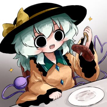 1girl black_eyes black_hat buttons diamond_button eyeball food frilled_shirt_collar frilled_sleeves frills green_hair hat hat_ribbon heart heart_of_string heripantomorrow holding holding_knife knife komeiji_koishi meat plate ribbon sharp_teeth shirt smile solo sparkle steak teeth third_eye touhou wide_sleeves yellow_ribbon yellow_shirt