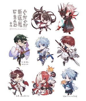 Rule 34 | 4392hirasakai, \n/, alternate costume, apron, bicep strap, black coat, black eyes, black hair, black hakama, black pants, black scarf, black shoes, blue bow, blue eyes, blue jacket, blue kimono, blush, bomb, bow, bra, brown hair, butter, chibi, chibi only, clothes around waist, coat, collared coat, commentary request, crossdressing, crossdressing (mtf), dragon print, earrings, enmaided, explosive, eyebrow cut, fang, fate/grand order, fate (series), fire, flaming sword, flaming weapon, food, frilled apron, frills, fruit, full body, fur collar, gradient clothes, green eyes, grin, hair bobbles, hair bow, hair intakes, hair ornament, hair over one eye, hakama, hand on own head, haori, harada sanosuke (fate), highleg, highleg panties, holding, holding mask, holding polearm, holding sword, holding tray, holding weapon, hood, hooded jacket, iaidou, instrument, instrument on back, itou kashitarou (fate), jacket, jacket around waist, japanese clothes, jewelry, katana, kawakami gensai (fate), kawakami gensai (first ascension) (fate), kimono, kondou isami (first ascension) (fate), maid, maid apron, maid headdress, male maid, maple syrup, mask, matsunaga hisahide (fate), multicolored hair, multicolored jacket, multiple scars, navel piercing, necktie, no tsuba, one eye closed, pancake, pancake stack, panties, pants, piercing, polearm, ponytail, prosthesis, prosthetic arm, purple jacket, purple necktie, red bra, red eyes, red hair, roller skates, scar, scar on arm, scar on face, scar on forehead, scar on shoulder, scarf, shamisen, sheath, sheathed, shinsengumi (fate), shoes, skates, sleeveless, smile, souffle pancake, split-color hair, strawberry, streaked hair, sweat, sword, syrup, takasugi shinsaku (fate), takasugi shinsaku (first ascension) (fate), torn clothes, torn hakama, toudou heisuke (fate), tray, triple vertical stripe, twitter username, two-tone jacket, underwear, wa maid, weapon, white apron, white background, white coat, white hair, white haori, white jacket, white pants, white shoes