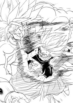 2boys aura broly_(dragon_ball_z) dragon_ball height_difference kicking legendary_super_saiyan lightning multiple_boys muscular muscular_male serious son_gohan super_saiyan super_saiyan_2