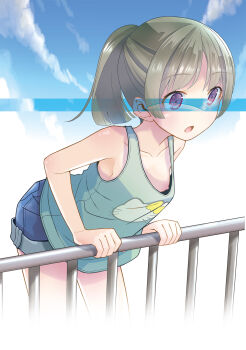 1girl animal_print blue_shirt blue_shorts blush breasts cat_print character_print cloud collarbone denim denim_shorts green_hair hello_kitty hello_kitty_(character) high_ponytail leaning_forward loli moetan nipples open_mouth pink_eyes ponytail pop_(electromagneticwave) print_shirt railing sanrio shirt short_hair shorts sky small_breasts standing tan tank_top tanline