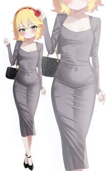 1girl absurdres bad_tag bag blonde_hair blush covered_navel dress fella_(vpffk0731) female_focus flat_chest green_eyes grey_dress hairband highres idolmaster idolmaster_cinderella_girls idolmaster_cinderella_girls_u149 jacket loli looking_at_viewer medium_hair open_clothes open_jacket sakurai_momoka shoes simple_background smile solo standing white_background