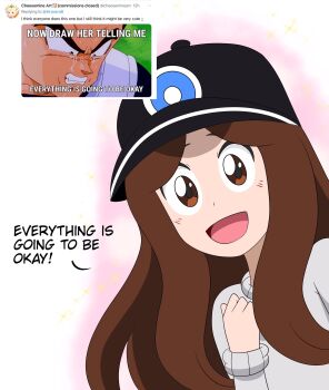1boy 1girl 2021 artist_self-insert bad_tag banel black_hat brown_eyes brown_hair cheesemine comforting commentary crying crying_with_eyes_open dragon_ball dragonball_z english_commentary everything_is_going_to_be_okay grey_sweater hand_on_own_chest happy hat highres kiravera8 light_blush long_hair looking_at_viewer meme nintendo now_draw_her_(meme) original pink_aura pokemon smile sparkle sweater tears twitter vegeta white_background