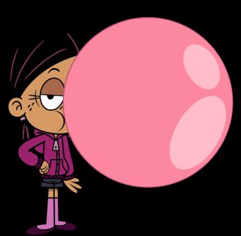 1girl artist_request black_eyes black_hair blowing_bubble_gum chewing_gum dark_skin full_body hand_on_own_hip highres large_bubble long_hair looking_at_viewer ronnie_anne_santiago solo the_casagrandes the_loud_house transparent_background