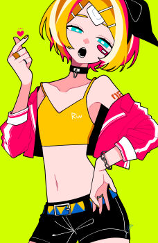 1girl :o absurdres aqua_eyes bandaid bandaid_on_cheek bandaid_on_face bandaid_on_forehead bare_shoulders belt belt_buckle black_bow black_shorts blonde_hair bow bracelet buckle cel_shading choker collarbone contrapposto crop_top flat_chest green_background hair_ornament hairclip half-closed_eyes hand_on_own_hip head_tilt heart highres iroha_(hourai_24) jacket jewelry kagamine_rin looking_at_viewer midriff nail_polish navel number_tattoo open_clothes open_jacket open_mouth red_jacket ring shirt short_hair shorts shoulder_tattoo skinny snapping_fingers solo standing tattoo vocaloid wrist_chain yellow_nails yellow_shirt