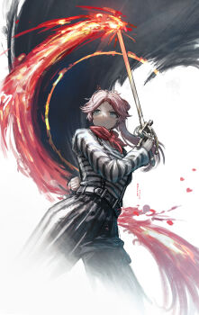 1girl absurdres belt black_belt black_pants blue_eyes clair_obscur:_expedition_33 closed_mouth commentary cropped_legs english_commentary fire franlol highres holding holding_sword holding_weapon long_hair long_sleeves maelle_(clair_obscur:_expedition_33) neckerchief pants pink_hair red_neckerchief shirt solo striped_clothes striped_shirt sword weapon white_background white_shirt