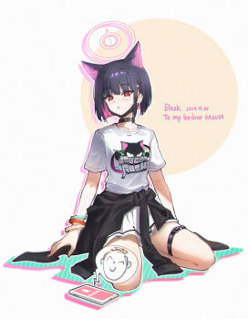 Rule 34 | 1girl, absurdres, animal ears, animal print, arms at sides, artist name, black hair, blue archive, blunt bangs, blunt ends, blush, bob cut, bracelet, bright pupils, cat ears, cat girl, cat print, character name, chinese commentary, closed mouth, clothes around waist, collarbone, colored inner animal ears, colored inner hair, commentary request, dated, dazk, doodle sensei (blue archive), drop shadow, earclip, earrings, english text, extra ears, full body, hair ornament, hairclip, halo, highres, jewelry, kazusa (band) (blue archive), kazusa (blue archive), mask, mask pull, miniskirt, mouth mask, multicolored hair, multiple bracelets, official alternate costume, pink hair, pink halo, pleated skirt, print shirt, red eyes, seiza, sensei (blue archive), shirt, short hair, short sleeves, simple background, sitting, skirt, solo, speech bubble, spoken character, stud earrings, sweatdrop, t-shirt, thigh strap, thighs, tsurime, two-tone hair, white background, white pupils, white shirt, white skirt
