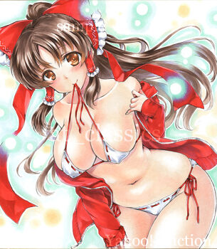 Rule 34 | 1girl, artist name, at classics, bare shoulders, blush, bow, breasts, brown eyes, brown hair, closed mouth, collarbone, covered erect nipples, cowboy shot, female focus, hair bow, hair tubes, hakurei reimu, hood, hoodie, large breasts, leaning forward, long hair, long sleeves, looking at viewer, mouth hold, navel, panties, red bow, ribbon-trimmed underwear, ribbon trim, sample watermark, side-tie panties, sidelocks, smile, solo, stomach, touhou, traditional media, underwear, watermark, zipper