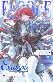 1girl absurdres arknights black_gloves black_jacket blue_flower bouquet character_name commentary cover dress energy_wings english_text exusiai_(arknights) exusiai_the_new_covenant_(arknights) fake_magazine_cover feet_out_of_frame fingerless_gloves flower gloves halo hashtag-only_commentary highres holding holding_bouquet jacket jeze lemuen_(arknights) looking_at_viewer magazine_cover pink_eyes pink_hair purple_flower red_hair short_hair side_ponytail smile thigh_strap thighhighs white_dress white_flower white_thighhighs wings yellow_eyes
