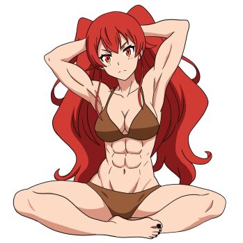 1girl abs alternate_hairstyle armpits arms_behind_head barefoot breasts cleavage eris_greyrat feet highres legs long_hair looking_at_viewer medium_breasts mushoku_tensei navel red_eyes red_hair serious sitting solo spread_legs thighs twintails