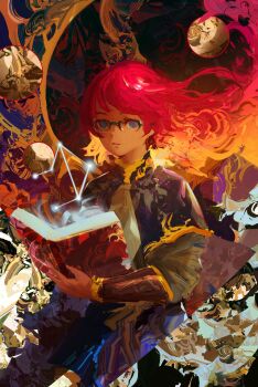 1girl abstract_background absurdres blue_eyes book colorful commentary dark_skin english_commentary fire highres holding holding_book kevin_adi magic original red_hair solo