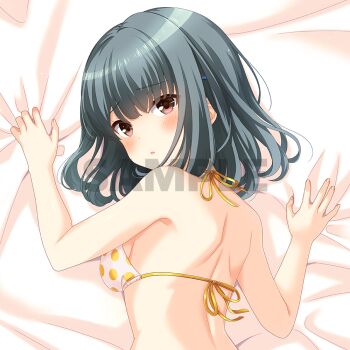 1girl :o back bed_sheet bikini blush brown_eyes dakimakura_(medium) food_print fruit_print girlfriend_(kari) green_hair looking_back lying medium_hair official_art on_stomach parted_lips print_bikini sample_watermark second-party_source sheet_grab shinomiya_risa shoulder_blades solo swimsuit upper_body watermark white_bikini