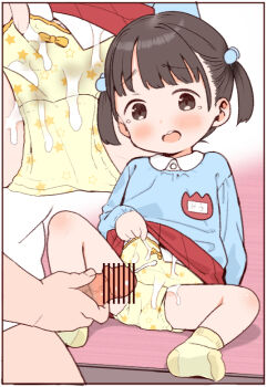 1boy 1girl abaji age_difference bar_censor black_eyes black_hair blue_shirt border bow bow_panties censored child clothes_lift cum cum_on_body cum_on_clothes cum_on_legs ejaculation erection furrowed_brow hair_bobbles hair_ornament hetero inset_border kindergarten_uniform lifting_own_clothes loli long_sleeves looking_at_viewer multiple_views name_tag open_mouth original panties penis print_panties red_skirt shirt short_hair short_twintails sitting skirt skirt_lift smock socks spread_legs star_(symbol) star_print_panties star_print tareme tears twintails underwear variant_set white_border yellow_panties