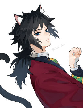 1boy absurdres animal_ears black_hair black_jacket blue_eyes buttons cat_boy cat_ears cat_tail closed_mouth demon_slayer_uniform empty_eyes gold_buttons hand_up haori high_collar highres jacket japanese_clothes kikkoumon kimetsu_no_yaiba looking_at_viewer low_ponytail male_focus ponytail print_haori red_haori simple_background soboru_jmt solo spiked_hair tail tomioka_giyuu twitter_username white_background