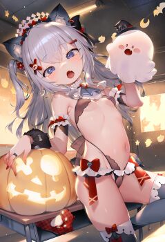 1girl animal_ear_fluff animal_ears arm_garter ascot blue_eyes blush bow breasts brooch classroom commentary_request cowboy_shot decorations desk detached_collar fang ghost grey_hair hair_bow hair_ornament halloween henreader highres indoors jack-o&#039;-lantern jewelry loli long_hair looking_at_viewer melonbooks navel one_side_up open_mouth original red_bow revealing_clothes ring school_desk skindentation small_breasts solo tail thighhighs underboob wolf_ears x_hair_ornament