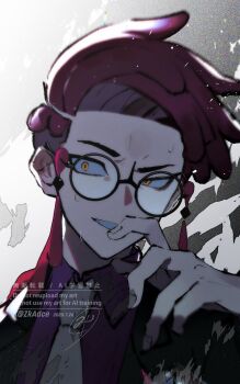 black-framed_eyewear black_jacket collared_shirt corbeau_(pokemon) glasses grin highres jacket long_sleeves looking_at_viewer necktie nintendo orange_eyes pokemon pokemon_legends:_z-a portrait purple_hair round_eyewear shirt short_hair simple_background slit_pupils smile solo static undercut upper_body white_necktie zeka_(skzk_cm)