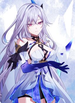 1girl breasts cowboy_shot dress expressionless floating genshin_impact hair_intakes hair_ornament highres large_breasts long_hair parted_lips pink_eyes pochimaru_(marumaru_wanwan) prosthesis prosthetic_arm skirk_(genshin_impact) solo white_dress white_hair