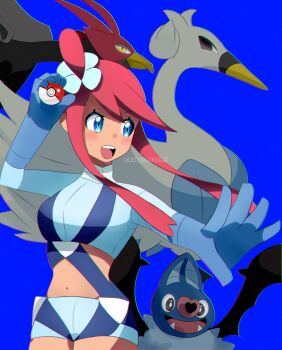 1girl bat beak bird blue_eyes blush breasts crop_top gen_5_pokemon gloves highres kabutogani_5 large_breasts long_hair long_sleeves nintendo poke_ball pokemon pokemon_bw red_hair shorts skyla_(pokemon) swanna swoobat teeth unfezant unfezant_(male) upper_teeth_only wings yellow_eyes