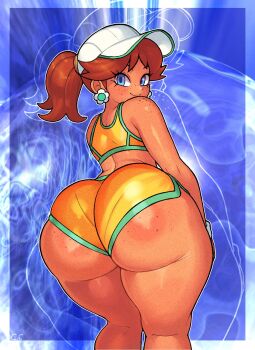 1girl ass ass_focus ass_freckles baseball_cap bikini blue_background blue_eyes body_freckles brown_hair champchidi dark-skinned_female dark_skin earrings feet_out_of_frame flower_earrings freckles from_behind full_body hat highres huge_ass jewelry looking_at_viewer looking_back mario_(series) mario_kart mario_kart_world nintendo orange_bikini orange_shorts orange_sports_bra ponytail princess_daisy princess_daisy_(swimwear)_(mario_kart_world) short_hair short_shorts shorts shoulder_freckles smile solo sports_bra standing swimsuit white_hat