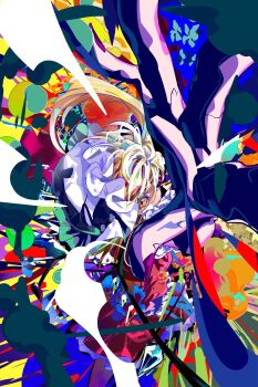 Rule 34 | 1girl, abstract, abstract background, blonde hair, commentary request, crystal wings, flandre scarlet, foreshortening, frilled hat, frilled shirt, frilled skirt, frills, from above, harikane0, hat, highres, long hair, looking at viewer, looking up, mob cap, multicolored eyes, multicolored hair, one eye covered, reaching, reaching towards viewer, red skirt, red vest, shirt, short sleeves, skirt, solo, touhou, vest, white shirt, wings