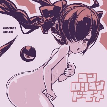 1girl ;o ahoge ass backbeako_(torotei) backbeard blush breasts commentary completely_nude covering_nipples covering_one_nipple covering_privates cowboy_shot dated dated_commentary from_side gegege_no_kitarou hair_over_one_eye hair_ribbon half-closed_eye kono_lolicon_domome loli long_hair looking_at_viewer looking_to_the_side monochrome nude one_eye_closed open_mouth original paid_reward_available pink_background pink_theme pointy_ears ribbon simple_background small_breasts solo sweat torotei translated twintails variant_set very_long_hair watermark web_address