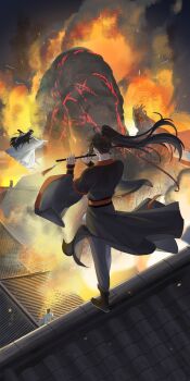 2boys ahoge architecture black_boots black_hair black_hanfu boots building burning chenqing_flute chinese_clothes dizi east_asian_architecture embers facing_away fire floating floating_clothes floating_hair flute flute_tassel from_behind grey_pants guqin hair_ribbon hanfu headband highres holding holding_flute holding_instrument instrument jian_(weapon) lan_wangji long_hair long_sleeves male_focus modao_zushi multiple_boys music on_rooftop outdoors outstretched_arms pants playing_flute playing_instrument ponytail red_ribbon red_sash ribbon robe rooftop sash sky smoke standing standing_on_sword sword tassel transverse_flute very_long_hair volcano wangji_guqin weapon wei_wuxian white_hanfu white_headband wide_sleeves xianduguaitan