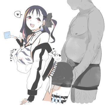 1boy 1girl animal_print black_hair blush bouncing_breasts bra breasts bulge choker condom condom_wrapper covered_erect_nipples cowboy_shot dry_humping ear_piercing earrings erection erection_under_clothes fat fat_man feather_earrings feathers grabbing_another&#039;s_ass groping hair_ribbon heart humping jacket japanese_text jewelry lace lace_choker large_breasts looking_at_another looking_at_viewer looking_to_the_side multicolored_hair off_shoulder open_mouth original piercing pink_eyes pink_hair precum precum_through_clothes red_eyes ribbon samochau shorts side_ponytail smile spoken_heart standing streaked_hair sweat thigh_strap underwear used_condom white_background zebra_print
