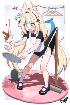 1girl absurdres alternate_costume animal_ears apron artist_logo artist_name black_dress blonde_hair blue_eyes blush boppin border broom clothes_hanger clothes_lift coffee coffee_mug collared_dress cooking_pot cup dot_nose dress dress_lift dropped_object dropping fang fins fish_tail frilled_dress frills hair_dye highres indie_virtual_youtuber lifebuoy_hair_ornament logo long_hair looking_down maid maid_apron mary_janes mug multicolored_hair nail_polish nose_blush open_mouth sameko_saba shark_tail shoes signature solo spill standing tail thighs tray twintails virtual_youtuber white_apron white_border white_wrist_cuffs wrist_cuffs