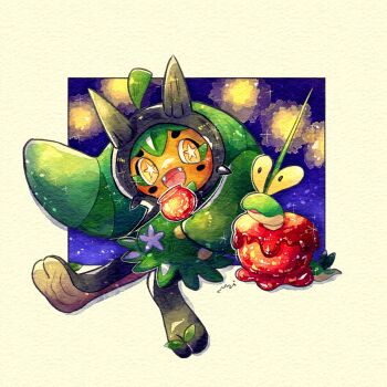 Rule 34 | 1girl, :d, blue background, border, candy apple, cloak, colored skin, dipplin, fangs, food, full body, green cloak, highres, horns, looking at another, miketoevecan, nintendo, ogerpon, open mouth, orange skin, pokemon, pokemon (creature), simple background, sitting, smile, stalk eyes, star-shaped pupils, star (symbol), symbol-shaped pupils, wyrm, yellow border, yellow eyes