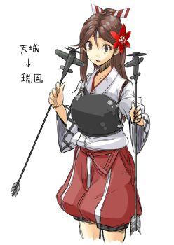 10s 1girl alternate_costume amagi_(kancolle) brown_eyes brown_hair camouflage character_name cosplay female_focus flower hachimaki hair_between_eyes hair_flower hair_ornament headband japanese_clothes kantai_collection long_hair mole mole_under_eye muneate ofuro_mantarou open_mouth ponytail solo zuihou_(kancolle) zuihou_(kancolle)_(cosplay)