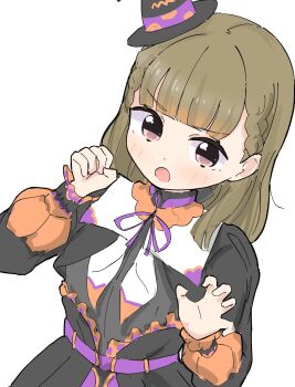 1girl black_hat black_shirt black_skirt blush brown_hair claw_pose clenched_hand commentary_request hat highres kachimachi_kosuzu link!_like!_love_live! long_hair looking_at_viewer love_live! mini_hat mini_witch_hat neck_ribbon official_alternate_costume pink_eyes purple_ribbon ribbon shirt simple_background skirt solo tazaki_masanobu v-shaped_eyebrows virtual_youtuber white_background witch_hat