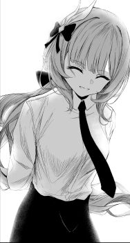 1girl absurdres arms_behind_back bow breasts carperimvive_r closed_eyes commentary_request cowboy_shot elysia_(honkai_impact) elysia_(office_lady)_(honkai_impact) facing_viewer greyscale hair_bow highres honkai_(series) honkai_impact_3rd large_breasts long_hair monochrome necktie official_alternate_costume parted_lips skirt smile solo very_long_hair