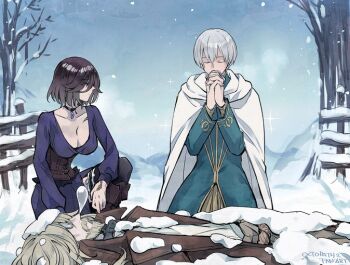 1girl 2boys bare_tree beard black_choker black_hair breasts brown_corset cape choker collarbone commentary_request corset dress facial_hair grel_(r6hgvu5) grey_hair kneeling large_breasts looking_at_another lying mature_male medium_hair multiple_boys octopath_traveler octopath_traveler_ii on_back on_one_knee osvald_v._vanstein outdoors own_hands_clasped own_hands_together praying purple_dress round_eyewear short_hair sleeping snake_tattoo snow snowing sparkle tattoo tattoo_peek temenos_mistral throne_anguis tree white_cape winter