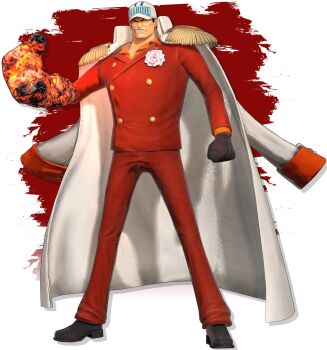 1boy 3d angry bandai_namco black_hair devil_fruit_power formal_clothes full_body jacket jacket_on_shoulders military military_uniform official_art one_piece one_piece:_pirate_warriors_4 pants sakazuki_(one_piece) serious short_hair simple_background solo standing suit