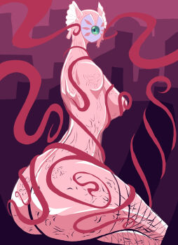 1girl ass d-reaper digimon digimon_tamers eldritch_abomination female_focus green_eyes highres mask mature_female monster monster_girl mother_d-reaper nude original solo tentacles