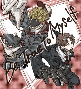 2boys baseball_cap blonde_hair brown_hair cyborg eyewear_on_head formal_clothes glasses halftone halftone_background hat highres hood hoodie jacket kurt_cramer long_sleeves looking_at_viewer machiyama_yuu male_focus max_mccalister metal_jaw milky_galactic_universe milky_subway multiple_boys necktie no_mouth patterned_background red_hoodie shoes sneakers suit twitter_username