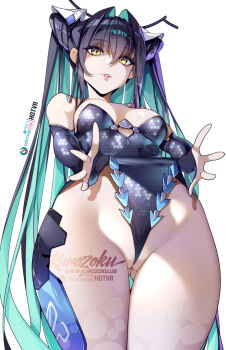 1girl adapted_costume aqua_hair black_hair blue_gloves blue_leotard breasts colored_inner_hair commentary elbow_gloves fingerless_gloves frontal_wedgie gloves gluteal_fold goddess_of_victory:_nikke hair_between_eyes hair_intakes highres hot_vr leotard little_mermaid_(nikke) long_hair looking_at_viewer medium_breasts multicolored_hair parted_lips partially_visible_vulva pink_lips self_wedgie simple_background solo standing strapless strapless_leotard teeth very_long_hair wedgie white_background yellow_eyes