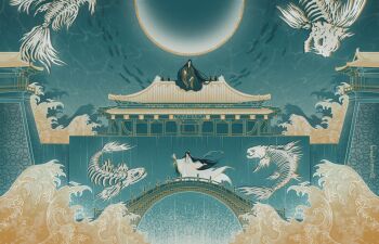 2boys animal animal_skeleton architecture black_hair black_hanfu blue_theme bone bridge building chinese_clothes east_asian_architecture fish fish_skeleton folding_fan gold_trim hand_fan hanfu he_xuan highres holding holding_fan huaepiphany limited_palette long_hair male_focus multiple_boys ocean outdoors paper_fan scenery shi_qingxuan signature skeleton standing symmetry tianguan_cifu urn very_long_hair water waves white_hanfu wide_shot xiao_guan_(headdress)