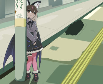 1girl animal_ears bat_ears bat_girl bat_wings belt bioroid_hei brown_eyes brown_hair brown_long-eared_bat_(kemono_friends) choker dress earrings extra_ears grey_hair jewelry kemono_friends kemono_friends_v_project long_hair looking_at_viewer multicolored_hair neck_ribbon ribbon shirt shoes skirt solo streaked_hair thighhighs virtual_youtuber wings