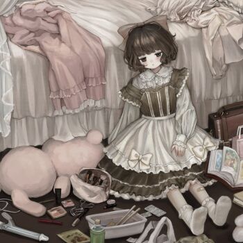 1girl absurdly_detailed_composition bag bandaid bandaid_on_leg bed bed_sheet black_dress blister_pack blush bob_cut book bottle bow briefcase brown_bag brown_eyes brown_hair center_frills chopsticks classic_lolita collared_dress commentary_request compact_(cosmetics) cosmetics curling_iron dress eyelash_curler frilled_dress frilled_shirt_collar frills grey_bow hair_bow highres indoors lipstick_tube loaded_interior lolita_fashion long_sleeves looking_down makeup_brush makeup_palette mascara_wand medium_hair messy_room no_shoes on_floor original pack_noodles parted_lips petticoat pill plastic_bag plastic_bottle sasami_(shiroi_fuwafuwa) shirt sitting sleeves_past_wrists socks solo stuffed_animal stuffed_rabbit stuffed_toy two-tone_dress unworn_clothes unworn_dress unworn_shirt white_bow white_dress white_socks