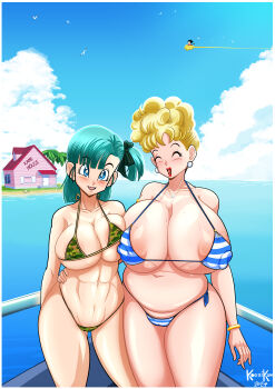 Rule 34 | 2girls, absurdres, bikini, blonde hair, blue eyes, breast press, breasts, bulma, closed eyes, covered erect nipples, dragonball z, earrings, green hair, highres, huge breasts, jewelry, kame house, kogeikun, lipstick, looking at viewer, makeup, mature female, mother and daughter, multiple girls, nipples, open mouth, panchy, piercing, red lips, swimsuit, water
