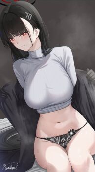 1girl absurdres black_hair black_jacket black_panties black_suit blue_archive blush breasts formal_clothes hair_ornament hairclip halo highres jacket large_breasts long_hair long_sleeves looking_at_viewer navel off_shoulder panties red_eyes rio_(blue_archive) sitting solo suit sweater thighs turtleneck turtleneck_sweater underwear white_sweater yamikyon