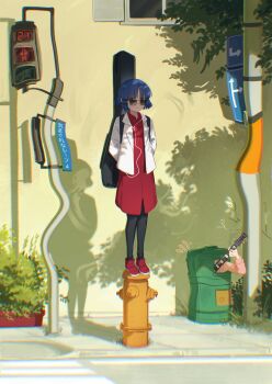 2girls absurdres asymmetrical_bangs asymmetrical_hair aviator_sunglasses black_pantyhose blue_hair bocchi_the_rock! bush chromatic_aberration crosswalk crosswalk_sign distortion earbuds earphones fire_hydrant full_body gotoh_hitori guitar hands_in_pockets hiding highres image_warping in_container in_trash_can instrument instrument_case instrument_on_back jacket jl_tan lamppost looking_at_another multiple_girls music official_alternate_costume outdoors pantyhose playing_guitar playing_instrument red_shirt red_shoes red_skirt road shadow shirt shoes short_hair skirt sneakers standing_on_object street sunglasses surreal trash_can white_jacket yamada_ryo