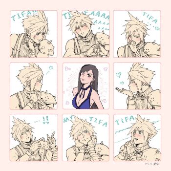 1boy 1girl armor bare_arms bare_shoulders black_hair blonde_hair blowing_kiss blue_eyes blush breasts cleavage closed_eyes closed_mouth cloud_strife commentary_request couple dress earrings final_fantasy final_fantasy_vii final_fantasy_vii_remake gloves hand_on_own_chin heart highres index_finger_raised jewelry large_breasts limited_palette long_hair looking_at_another multiple_expressions neck_ribbon ninnin5tora official_alternate_costume own_hands_clasped own_hands_together red_eyes ribbon shoulder_armor sleeveless sleeveless_dress sleeveless_turtleneck smile spiked_hair spoken_heart tifa_lockhart tifa_lockhart_(refined_dress) turtleneck