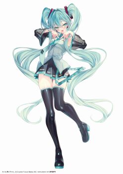 1girl absurdres aqua_eyes aqua_hair aqua_necktie armpits artist_name black_boots black_skirt black_sleeves blush boots commentary_request company_name copyright_notice detached_sleeves figure_available full_body grey_hair hair_between_eyes hatsune_miku headset highres long_hair long_sleeves merchandise_available miniskirt muzin_chan necktie official_art pleated_skirt second-party_source skirt solo thigh_boots tie_clip tongue twintails very_long_hair vocaloid