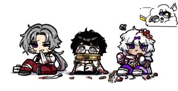 2boys 3girls albina_(project_moon) black_eyes black_hair black_shoes blood blood_in_hair blood_on_clothes bright_pupils cape chain clenched_teeth collar commentary_request gloves grey_hair highres kira_(project_moon) korean_commentary limbus_company long_hair long_sleeves low_ponytail lucio_(project_moon) multiple_boys multiple_girls nra_3614 pants pink_pants ponytail project_moon purple_eyes ren_(project_moon) shirt shoes simple_background sora_(project_moon) teeth very_long_hair white_background white_cape white_gloves white_hair white_pupils white_shirt